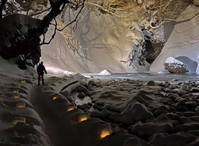 峨瓏の滝　ライトアップ▷光に照らされる白神の神秘的な滝景色